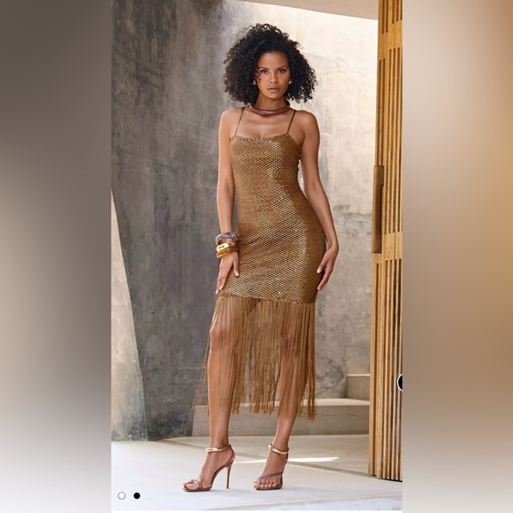 Boston Proper Shimmer Mesh Fringe - Gold Metallic - Glam Party Dress Size XXS - Picture 5 of 10